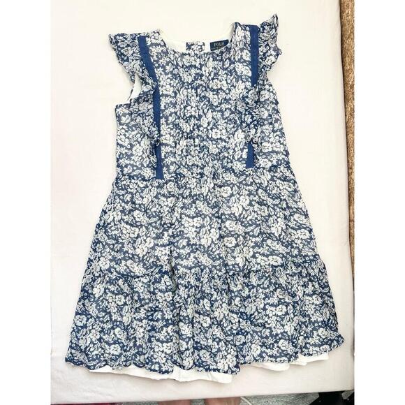 Polo Ralph Lauren Dress Girls Size 12 Blue White Sundress Floral Short Sleeve - Picture 10 of 11